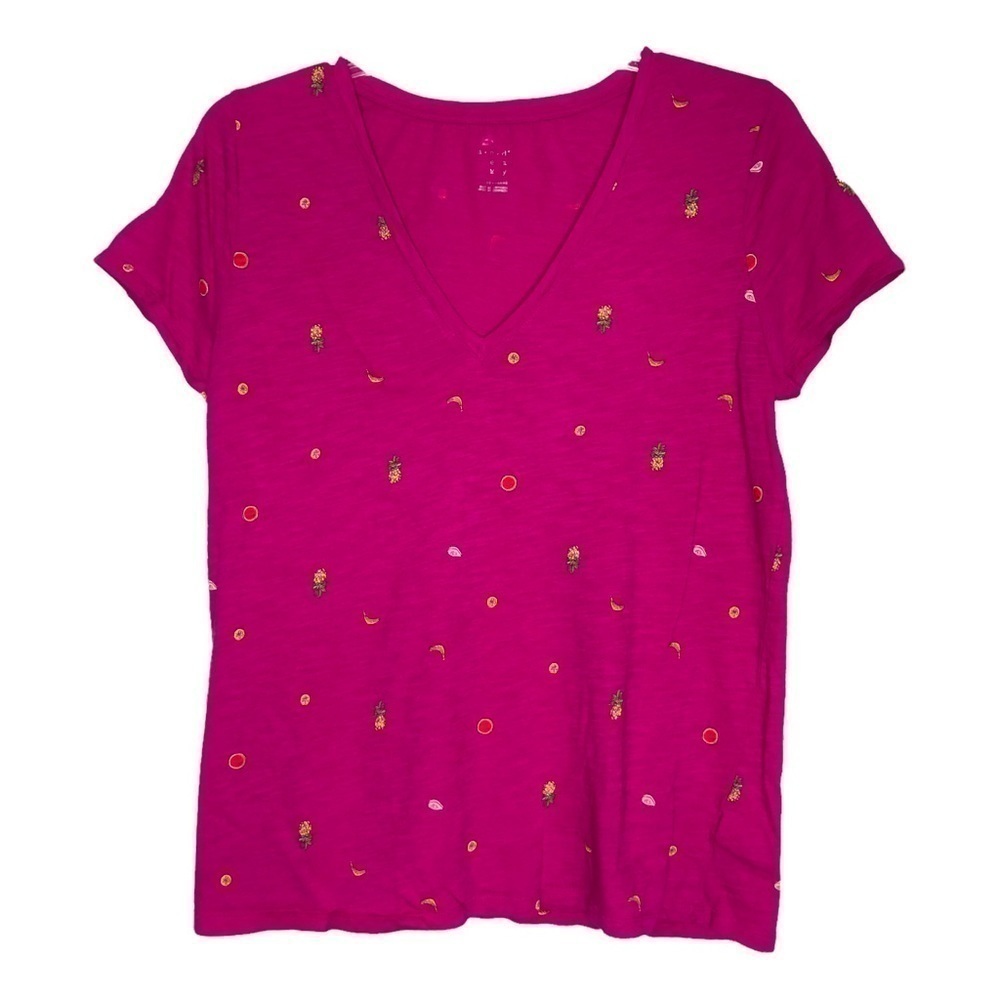 A NEW DAY - Cotton Pink V-Neck Short Sleeve Embroidered Fruit T-Shirt - Size XXL